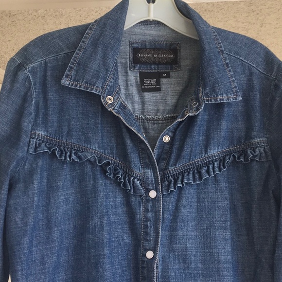 LIVE A LITTLE/BLUE DENIM- RUFFLE CHESTwSNAP FRONT PEARL BUTTONS - Picture 2 of 8